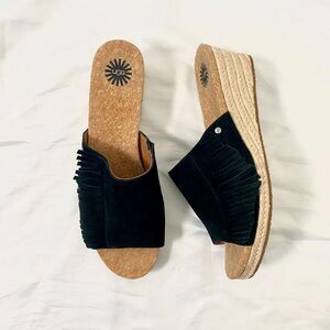 UGG Danes Black Suede Fringe Platform Wedges Size 10